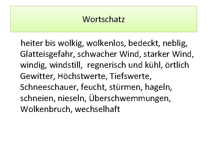 Wortschatz heiter bis wolkig, wolkenlos, bedeckt, neblig, Glatteisgefahr, schwacher Wind, starker Wind, windig, windstill,