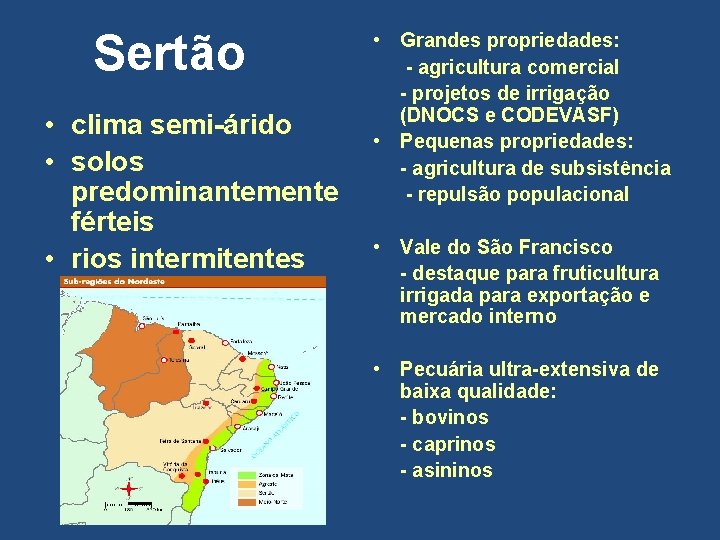Sertão • clima semi-árido • solos predominantemente férteis • rios intermitentes • Grandes propriedades: