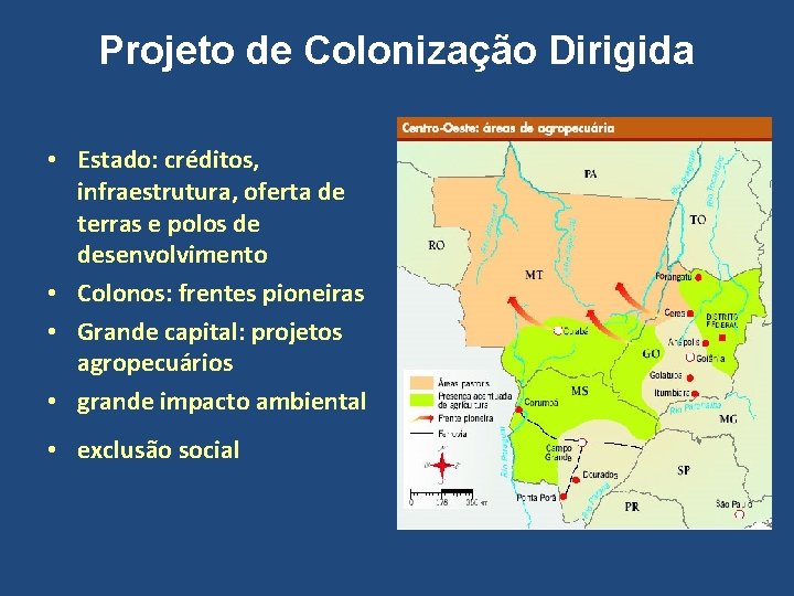 Projeto de Colonização Dirigida • Estado: créditos, infraestrutura, oferta de terras e polos de