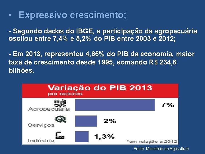 • Expressivo crescimento; - Segundo dados do IBGE, a participação da agropecuária oscilou