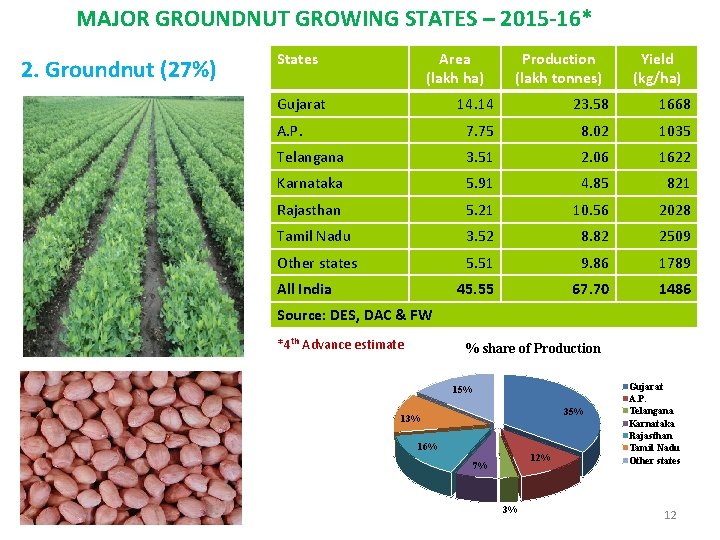 MAJOR GROUNDNUT GROWING STATES – 2015 -16* 2. Groundnut (27%) States Area (lakh ha)