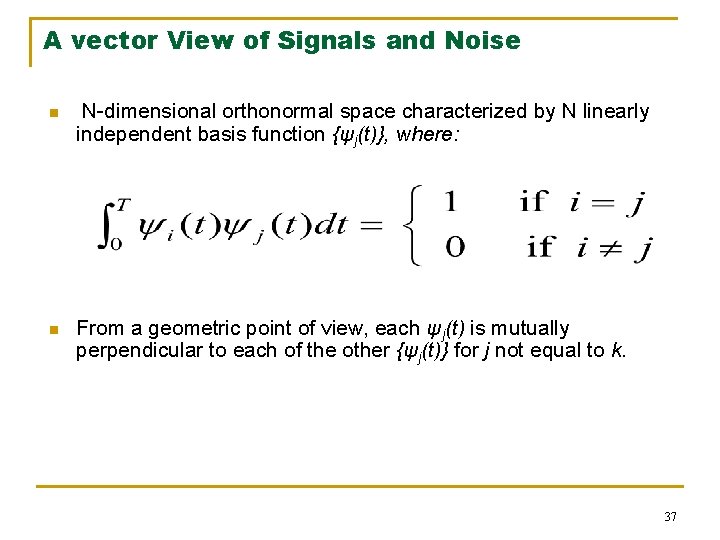 A vector View of Signals and Noise n N-dimensional orthonormal space characterized by N