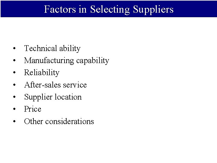 Factors in Selecting Suppliers • • Technical ability Manufacturing capability Reliability After-sales service Supplier