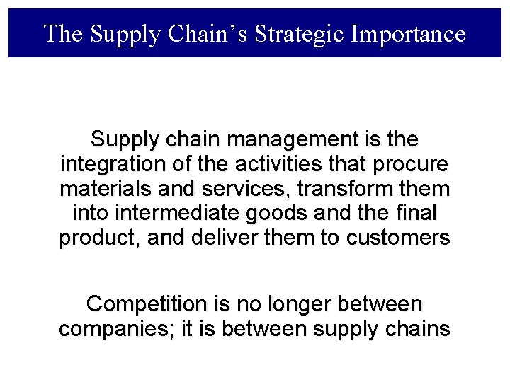 The Supply Chain’s Strategic Importance Supply chain management is the integration of the activities