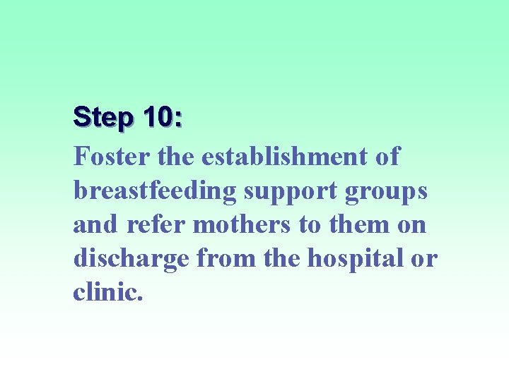 Step 10: Foster the establishment of breastfeeding support groups and refer mothers to them