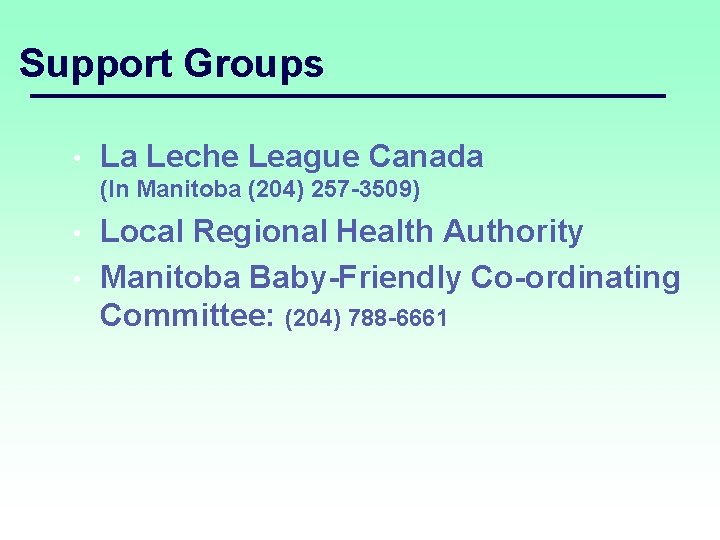 Support Groups • La Leche League Canada (In Manitoba (204) 257 -3509) Local Regional