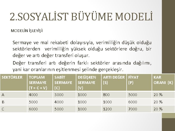 2. SOSYALİST BÜYÜME MODELİN İŞLEYİŞİ Sermaye ve mal rekabeti dolayısıyla, verimliliğin düşük olduğu sektörlerden