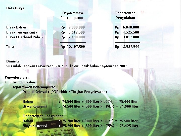 Data Biaya Departemen Pencampuran Departemen Pengolahan Biaya Bahan Biaya Tenaga Kerja Biaya Overhead Pabrik