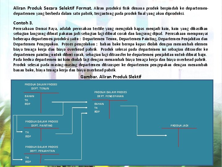 Aliran Produk Secara Selektif Format. Aliran produksi fisik dimana produk berpindah ke departemen yang