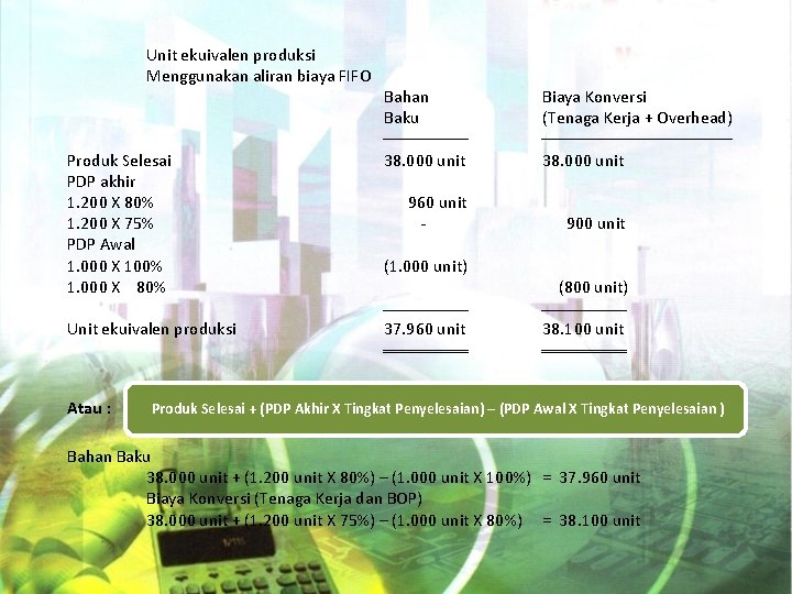 Unit ekuivalen produksi Menggunakan aliran biaya FIFO Bahan Baku Biaya Konversi (Tenaga Kerja +