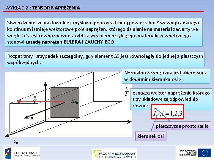 WYKŁAD 2 : TENSOR NAPRĘŻENIA Stwierdzenie, że na dowolnej, myślowo poprowadzonej powierzchni S wewnątrz