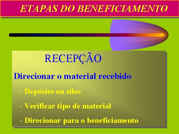 ETAPAS DO BENEFICIAMENTO RECEPÇÃO Direcionar o material recebido - Depósito ou silos - Verificar