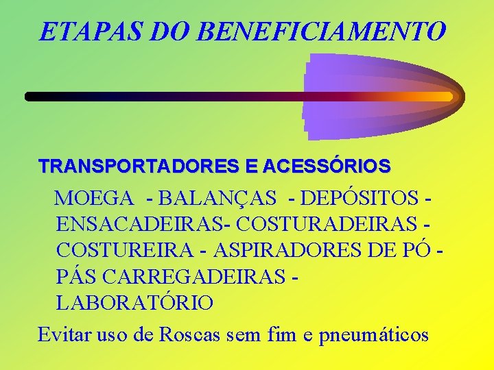 ETAPAS DO BENEFICIAMENTO TRANSPORTADORES E ACESSÓRIOS MOEGA - BALANÇAS - DEPÓSITOS ENSACADEIRAS- COSTURADEIRAS COSTUREIRA