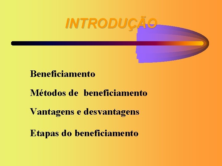 INTRODUÇÃO Beneficiamento Métodos de beneficiamento Vantagens e desvantagens Etapas do beneficiamento 