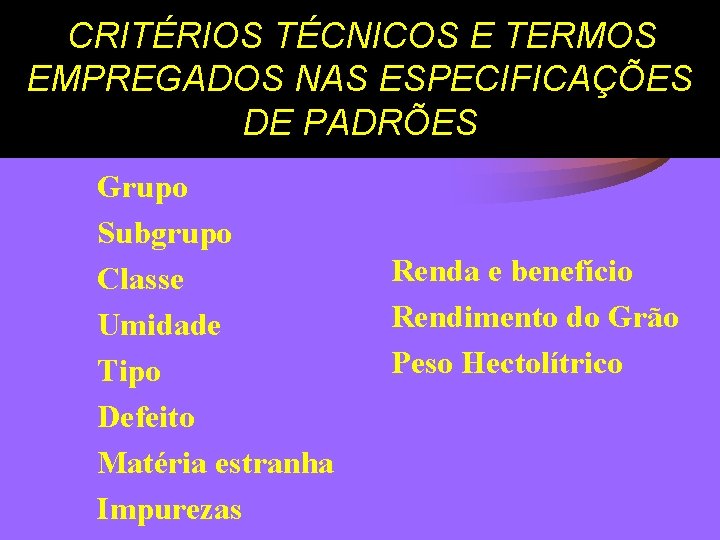 CRITÉRIOS TÉCNICOS E TERMOS EMPREGADOS NAS ESPECIFICAÇÕES DE PADRÕES Grupo Subgrupo Classe Umidade Tipo