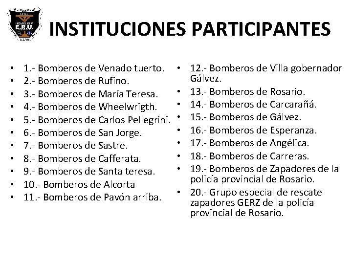 INSTITUCIONES PARTICIPANTES • • • 1. - Bomberos de Venado tuerto. 2. - Bomberos