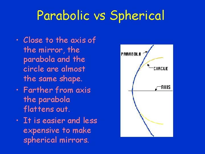 Parabolic vs Spherical • Close to the axis of the mirror, the parabola and