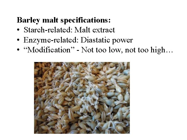 Barley malt specifications: • Starch-related: Malt extract • Enzyme-related: Diastatic power • “Modification” -