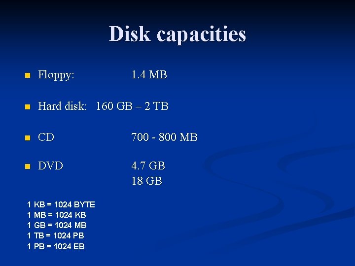 Disk capacities n Floppy: n Hard disk: 160 GB – 2 TB n CD
