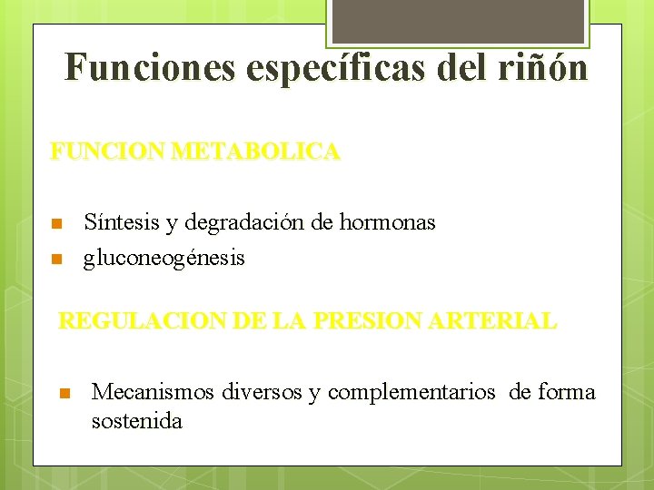 Funciones específicas del riñón FUNCION METABOLICA n n Síntesis y degradación de hormonas gluconeogénesis