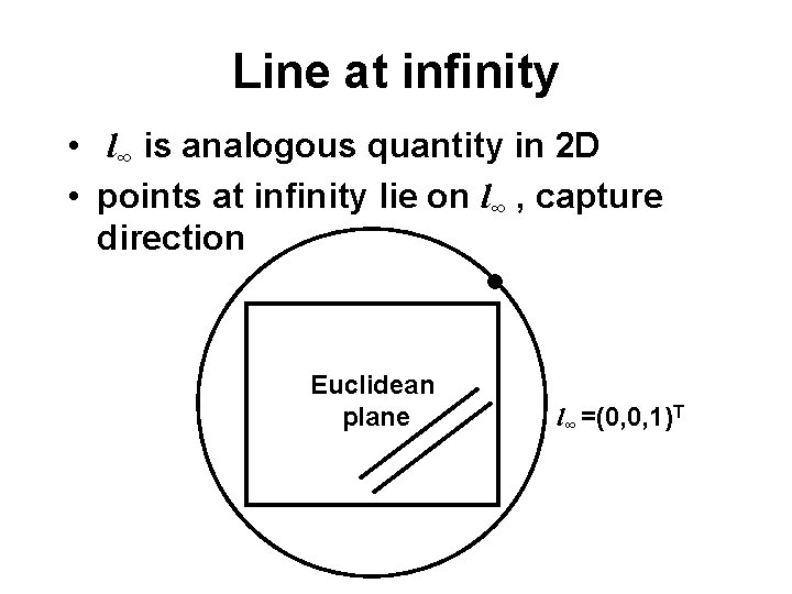 Line at infinity • l∞ is analogous quantity in 2 D • points at