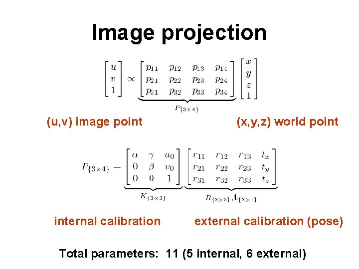 Image projection (u, v) image point internal calibration (x, y, z) world point external