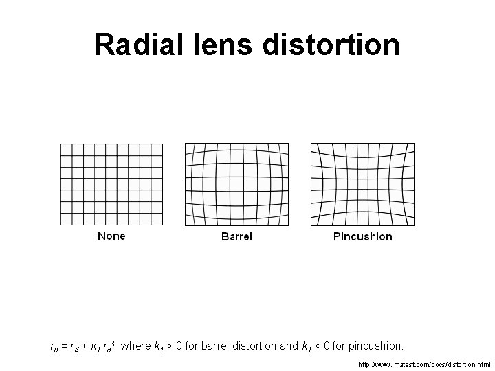 Radial lens distortion ru = rd + k 1 rd 3 where k 1