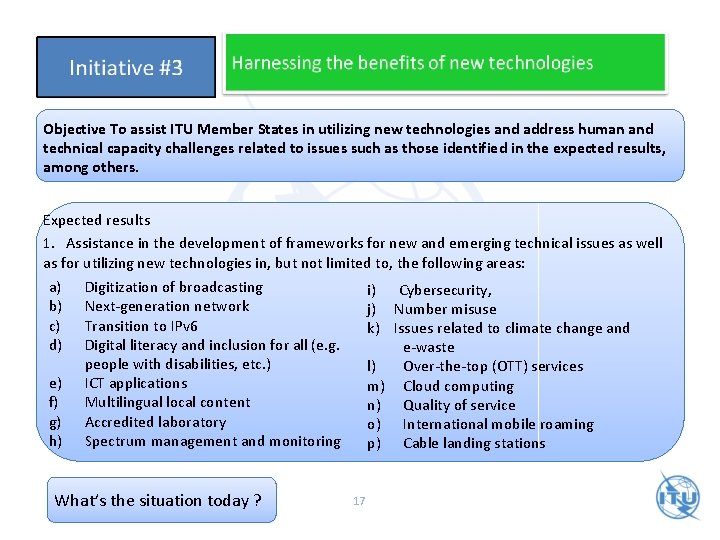 Objective To assist ITU Member States in utilizing new technologies and address human and