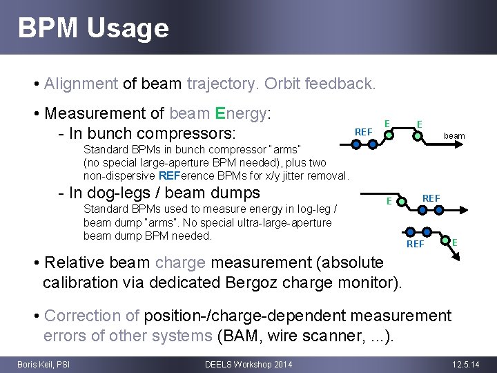 BPM Usage • Alignment of beam trajectory. Orbit feedback. • Measurement of beam Energy: