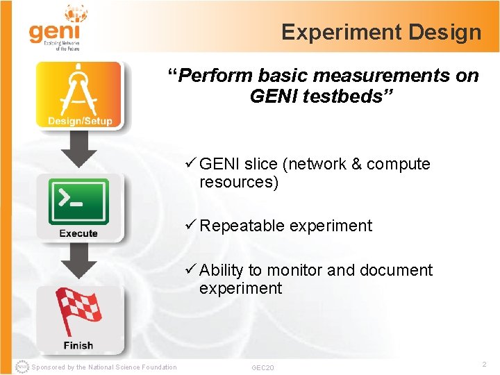 Experiment Design “Perform basic measurements on GENI testbeds” ü GENI slice (network & compute