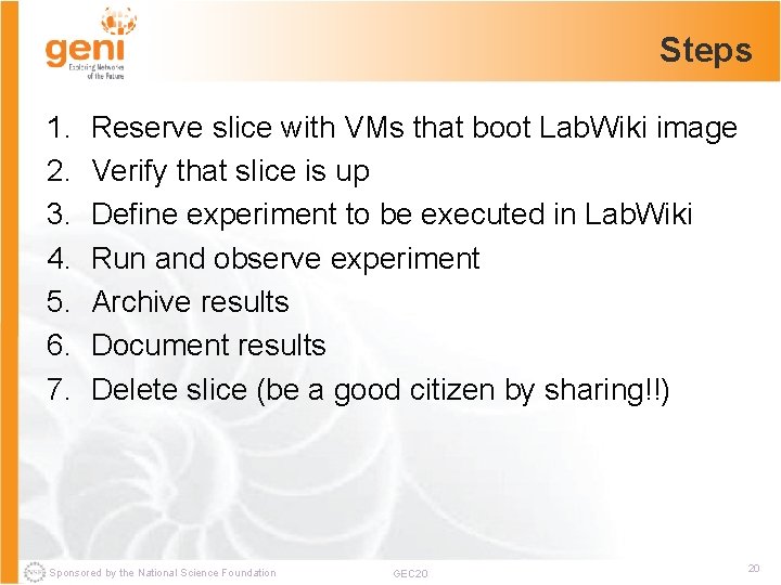 Steps 1. 2. 3. 4. 5. 6. 7. Reserve slice with VMs that boot