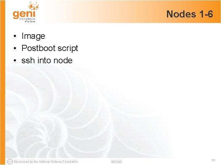 Nodes 1 -6 • Image • Postboot script • ssh into node Sponsored by