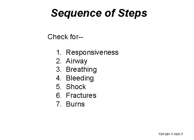 Sequence of Steps Check for-1. 2. 3. 4. 5. 6. 7. Responsiveness Airway Breathing