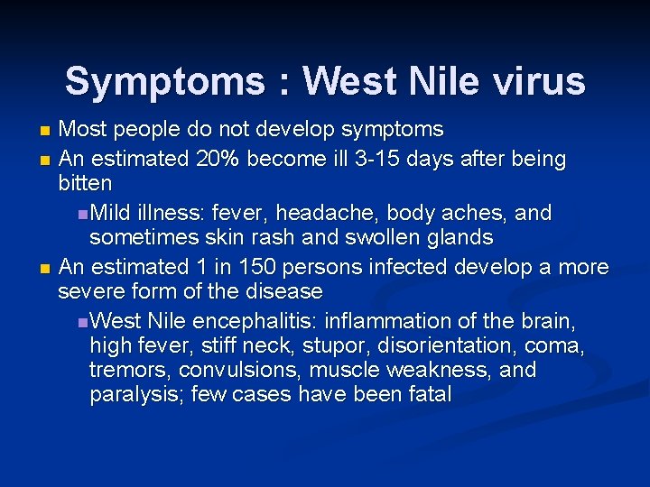 Symptoms : West Nile virus Most people do not develop symptoms n An estimated Symptoms : West Nile virus Most people do not develop symptoms n An estimated
