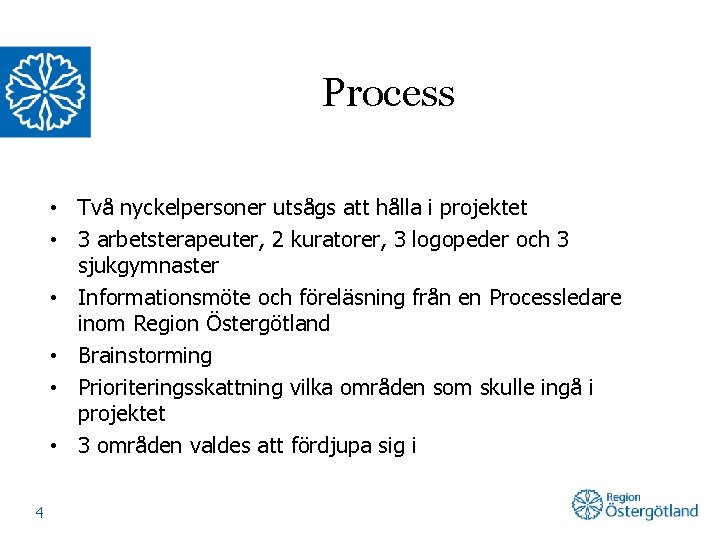 Process • Två nyckelpersoner utsågs att hålla i projektet • 3 arbetsterapeuter, 2 kuratorer,