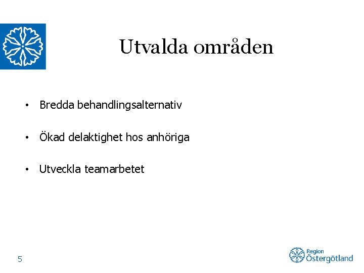 Utvalda områden • Bredda behandlingsalternativ • Ökad delaktighet hos anhöriga • Utveckla teamarbetet 5