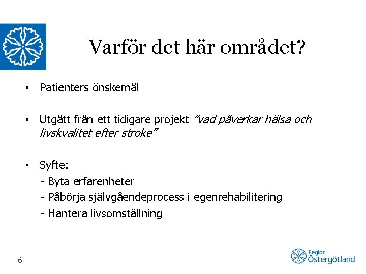 Varför det här området? • Patienters önskemål • Utgått från ett tidigare projekt ”vad