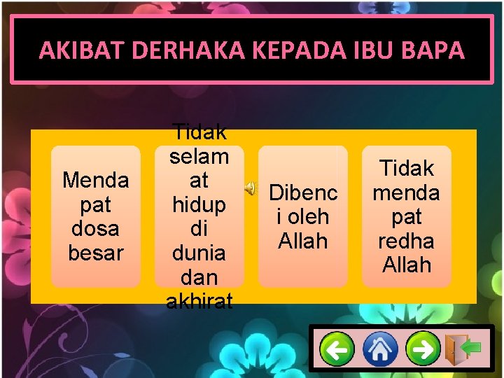 AKIBAT DERHAKA KEPADA IBU BAPA Menda pat dosa besar Tidak selam at hidup di