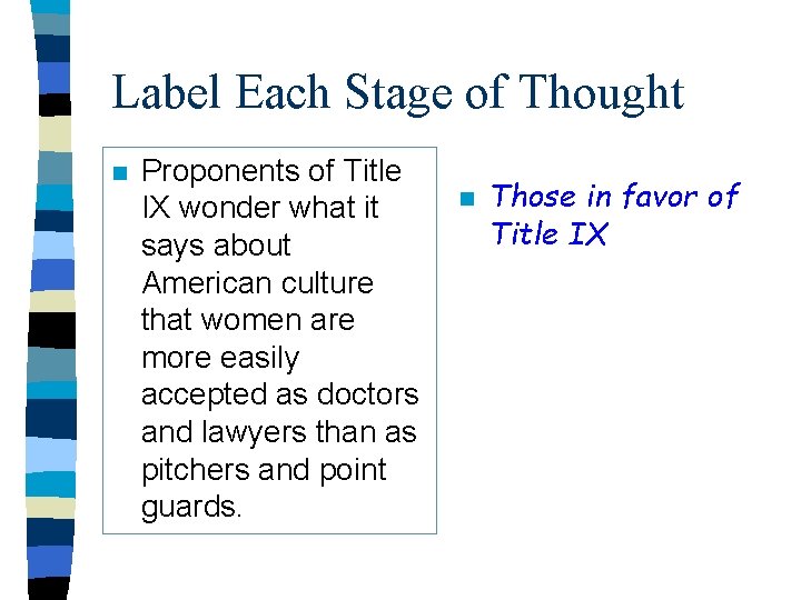 Label Each Stage of Thought n Proponents of Title IX wonder what it says