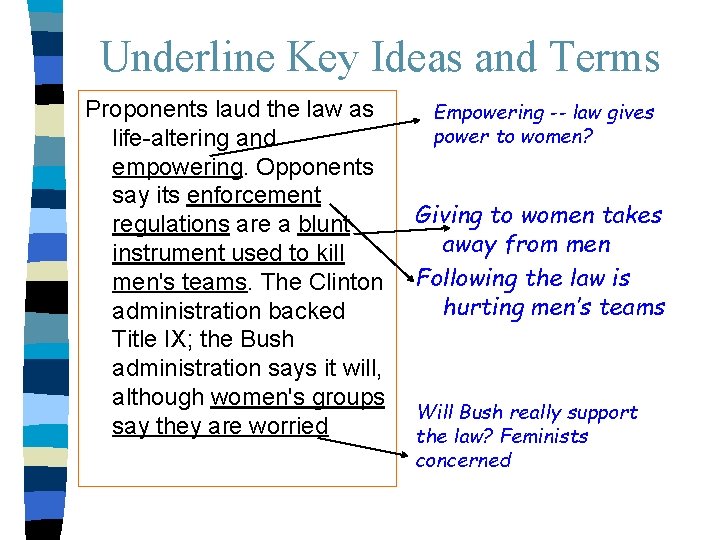 Underline Key Ideas and Terms Proponents laud the law as life-altering and empowering. Opponents