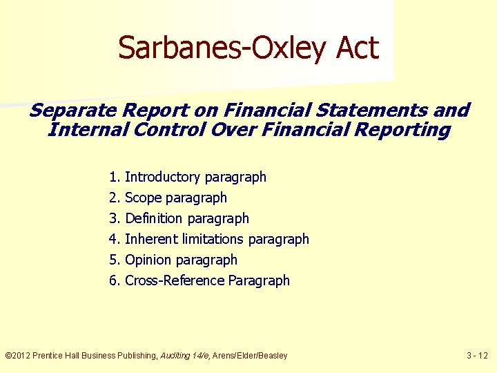 Sarbanes-Oxley Act Separate Report on Financial Statements and Internal Control Over Financial Reporting 1.