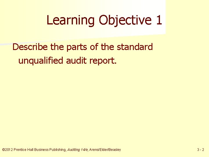 Learning Objective 1 Describe the parts of the standard unqualified audit report. © 2012