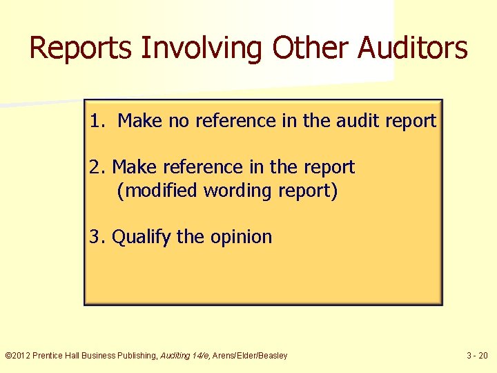 Reports Involving Other Auditors 1. Make no reference in the audit report 2. Make