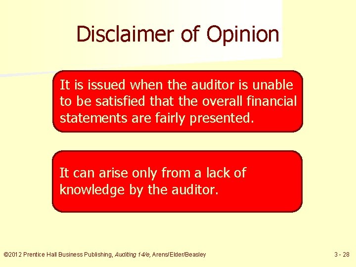 Disclaimer of Opinion It is issued when the auditor is unable to be satisfied