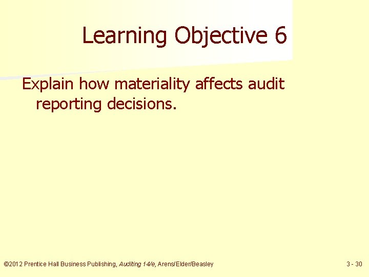 Learning Objective 6 Explain how materiality affects audit reporting decisions. © 2012 Prentice Hall