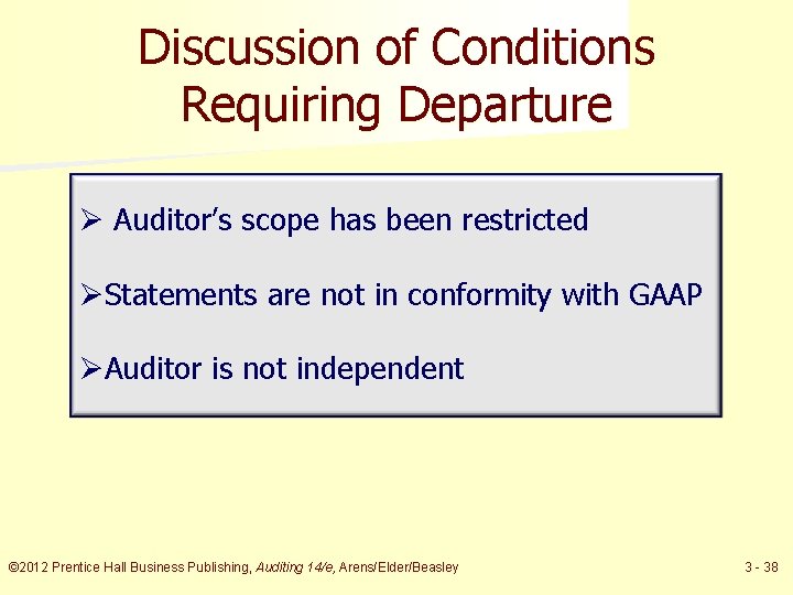 Discussion of Conditions Requiring Departure Ø Auditor’s scope has been restricted ØStatements are not