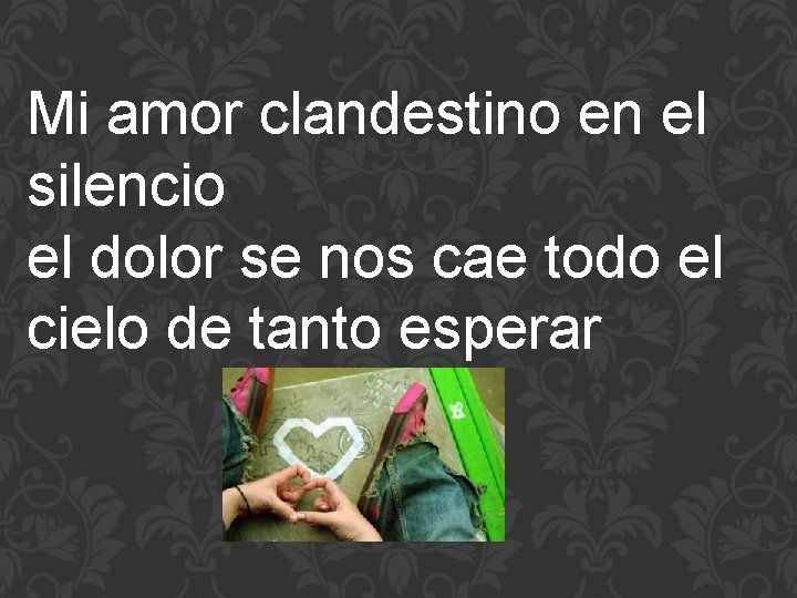 Mi amor clandestino en el silencio el dolor se nos cae todo el cielo Mi amor clandestino en el silencio el dolor se nos cae todo el cielo