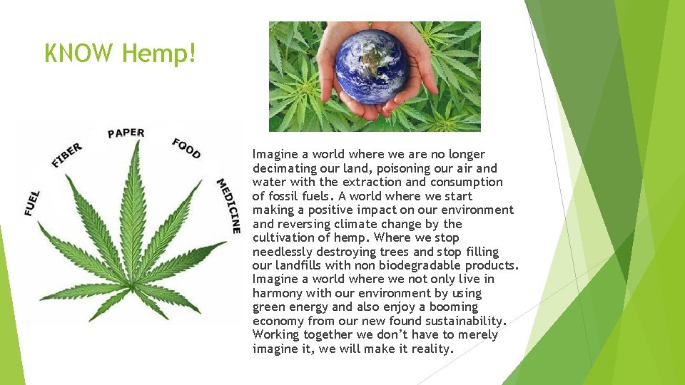 KNOW Hemp! Imagine a world where we are no longer decimating our land, poisoning