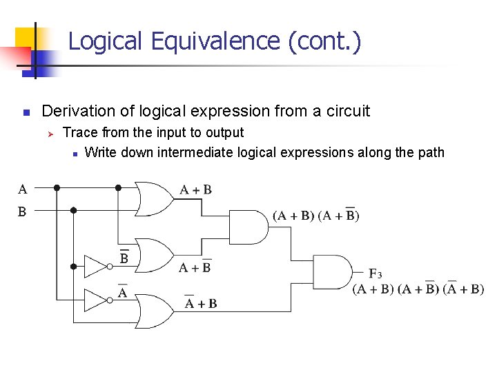 Logical Equivalence (cont. ) n Derivation of logical expression from a circuit Ø Trace