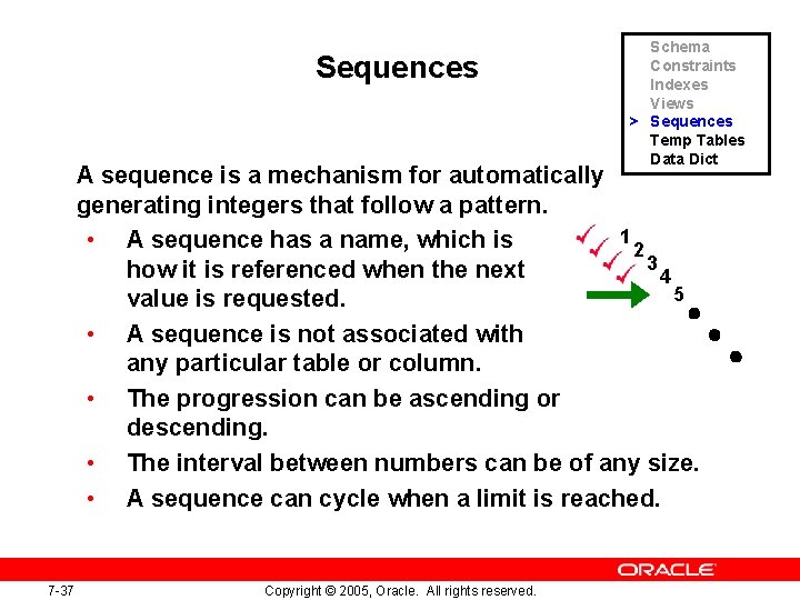Sequences Schema Constraints Indexes Views > Sequences Temp Tables Data Dict A sequence is Sequences Schema Constraints Indexes Views > Sequences Temp Tables Data Dict A sequence is